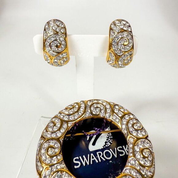 Swarovski Gold Tone Swirl Design Brooch & Clip-On Earrings Set Clear Crystals - Picture 3 of 8